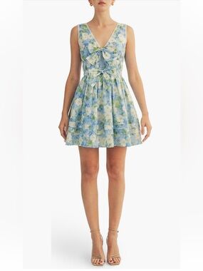 Arose studio aria green & blue floral print bow detial mini dress size small NEW